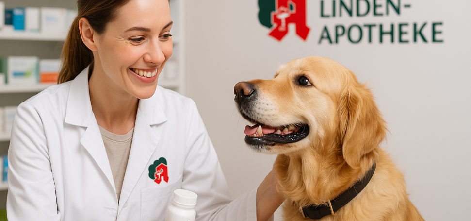 Eine Apothekerin mit weißem Kittel hält eine Medikamentenflasche und streichelt freundlich einen Golden Retriever in der Apotheke. KI‑generiert