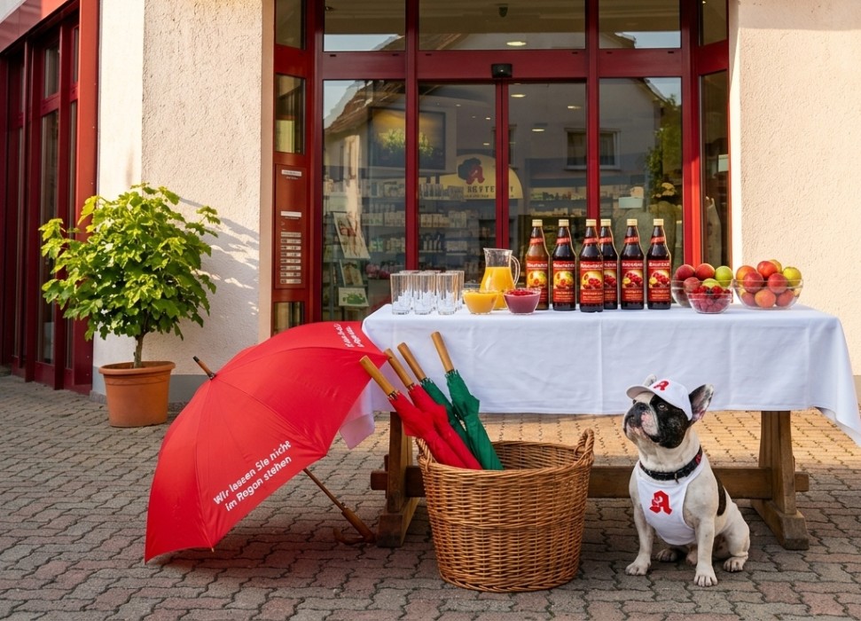 Ein Tisch mit Säften und Gläsern mit Apotheken Hund Leopold vor der Linden-Apotheke