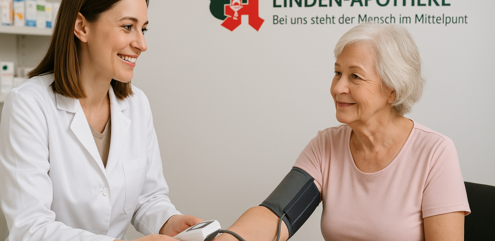 Apothekerin misst mit einem digitalen Blutdruckmessgerät den Blutdruck einer Seniorin in einem Apotheken-Beratungsraum. KI‑generiert