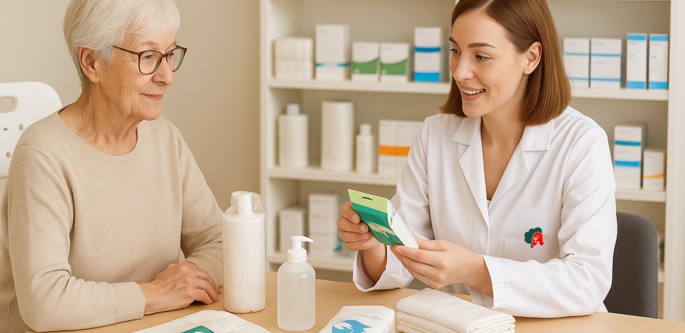 Eine Apothekerin berät eine ältere Frau zu Pflegehilfsmitteln wie Einmalhandschuhen, Einlagen und Desinfektionsmitteln in der Apotheke. KI‑generiert