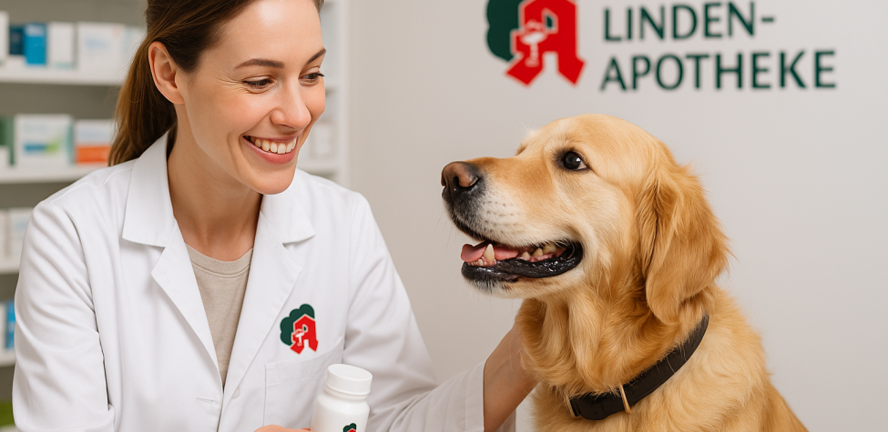 Eine Apothekerin mit weißem Kittel hält eine Medikamentenflasche und streichelt freundlich einen Golden Retriever in der Apotheke. KI‑generiert