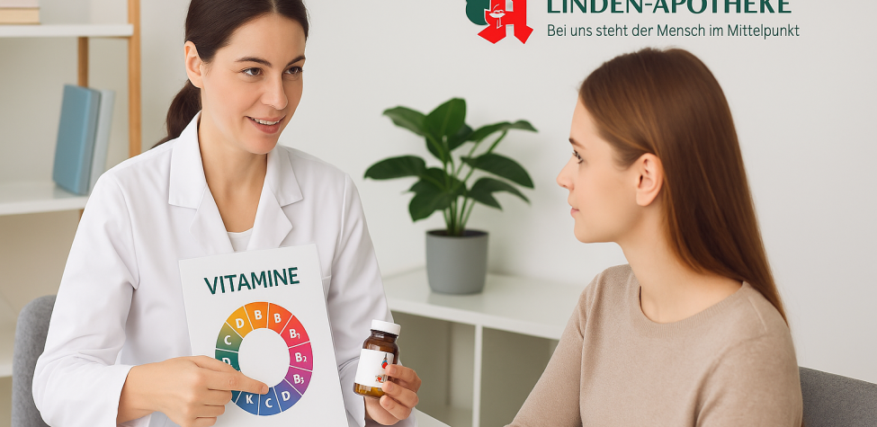 Apothekerin zeigt einer Kundin in einem Beratungsraum ein Vitamin-Diagramm mit der Aufschrift „Vitamine“ und hält ein Fläschchen mit Kapseln. KI‑generiert