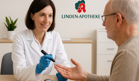 Eine Apothekerin misst einem älteren Mann mit einer Lanzette den Blutzucker, ein Messgerät liegt bereit auf dem Tisch. KI‑generiert
