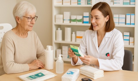 Eine Apothekerin berät eine ältere Frau zu Pflegehilfsmitteln wie Einmalhandschuhen, Einlagen und Desinfektionsmitteln in der Apotheke. KI‑generiert