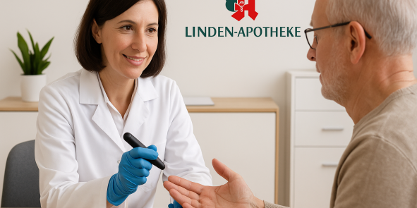 Eine Apothekerin misst einem älteren Mann mit einer Lanzette den Blutzucker, ein Messgerät liegt bereit auf dem Tisch. KI‑generiert