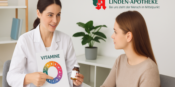 Apothekerin zeigt einer Kundin in einem Beratungsraum ein Vitamin-Diagramm mit der Aufschrift „Vitamine“ und hält ein Fläschchen mit Kapseln. KI‑generiert