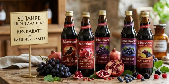 Saftflaschen auf einem Holztisch mit einem 10 % Rabatt-Schild