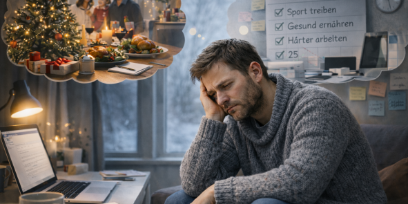 Mann sitzt vor Laptop und denkt an das schöne vergangene Weihnachten