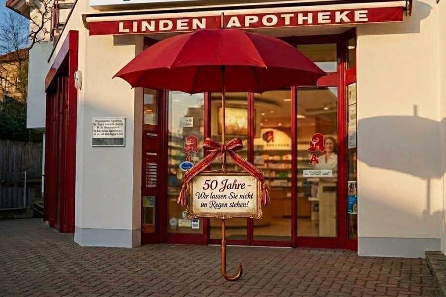 Linden-Apotheke in Öschelbronn mit einem großen roten Jubiläums-Regenschirm vor dem Eingang an einem sonnigen Tag.