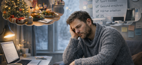 Mann sitzt vor Laptop und denkt an das schöne vergangene Weihnachten